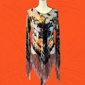 Velvet Semi Sheer fringed pullover tunic top  One Sz
